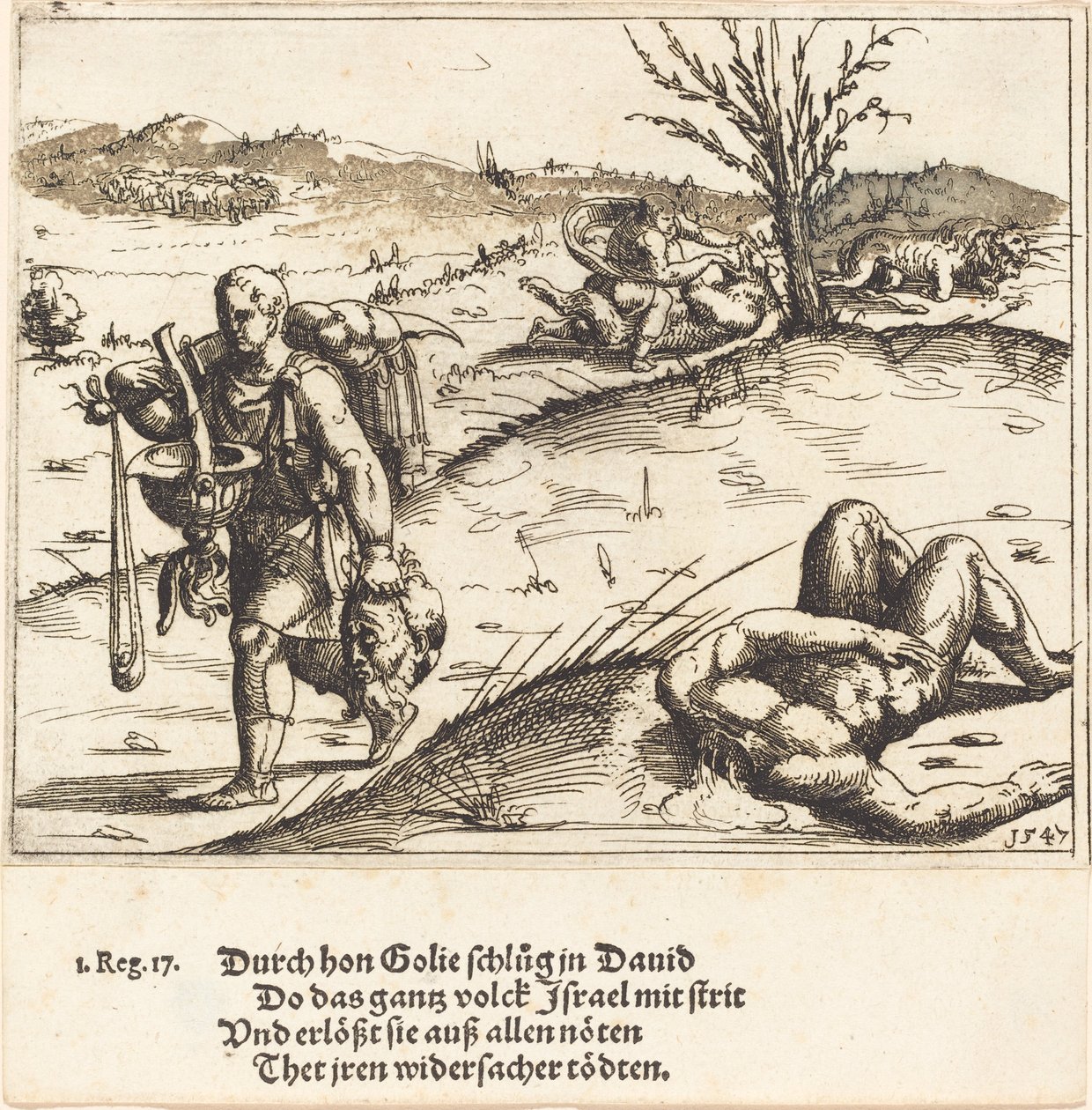 David onthoofdt Goliath, 1547 door Augustin Hirschvogel