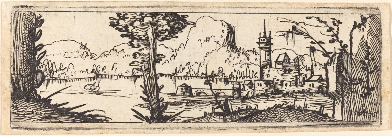 Landschap met meer en stad door Augustin Hirschvogel