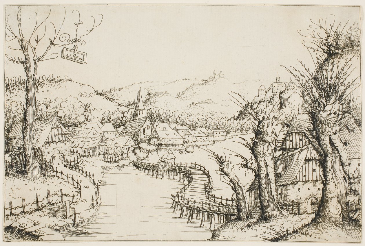 Landschap met een Gebogen Houten Brug door Augustin Hirschvogel