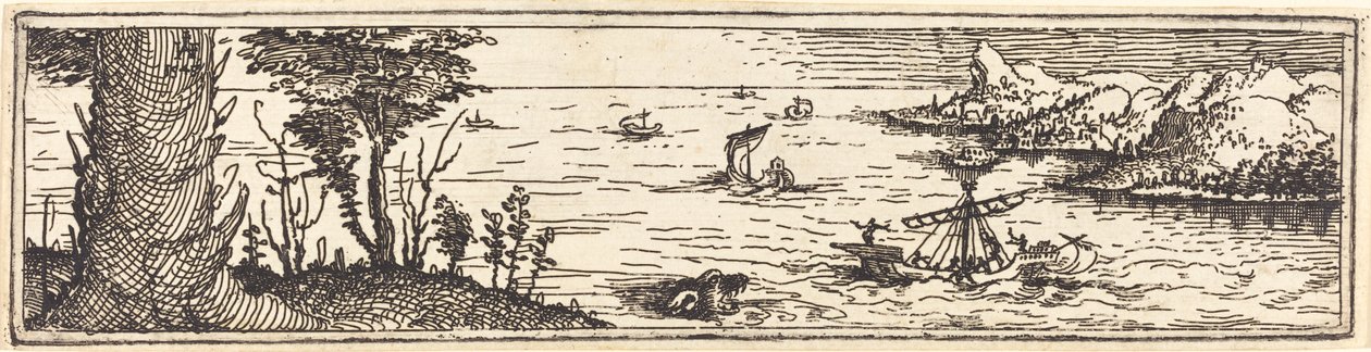 Landschap met een meer en zeilschepen, 1545 door Augustin Hirschvogel