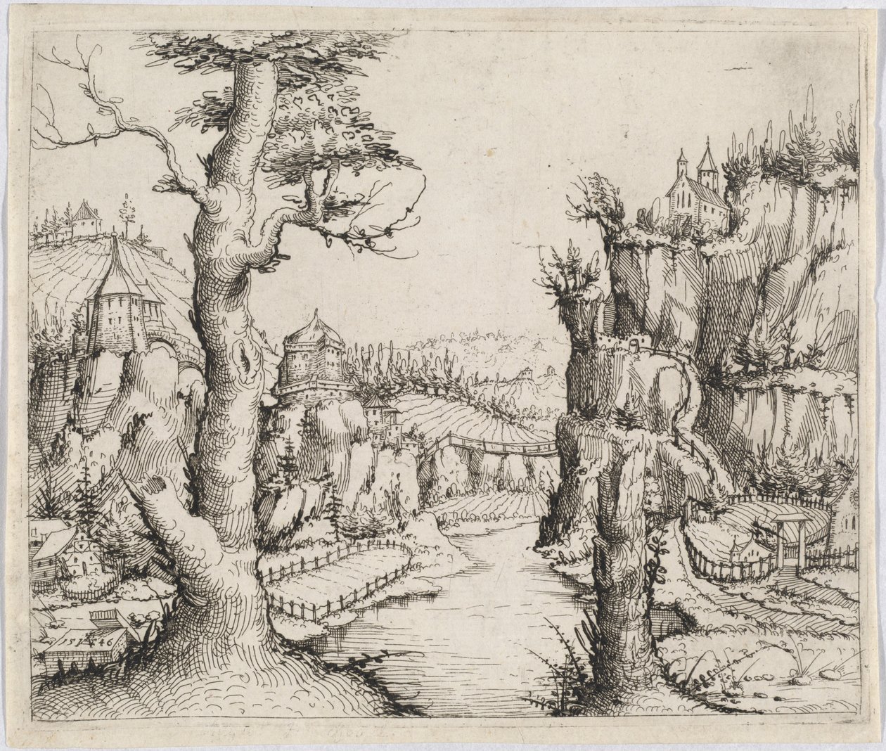 Rivierlandschap met Hoge Kliffen door Augustin Hirschvogel