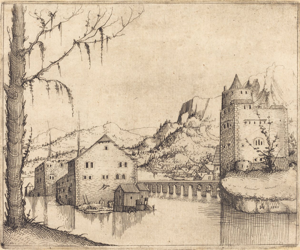 Rivierlandschap met twee gebouwen, 1545 door Augustin Hirschvogel