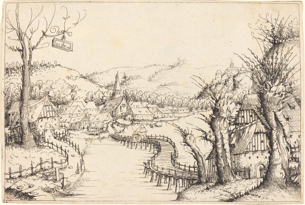 Rivierlandschap met Houten Brug door Augustin Hirschvogel