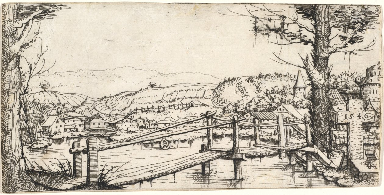 Rivierlandschap met een Voetbrug door Augustin Hirschvogel