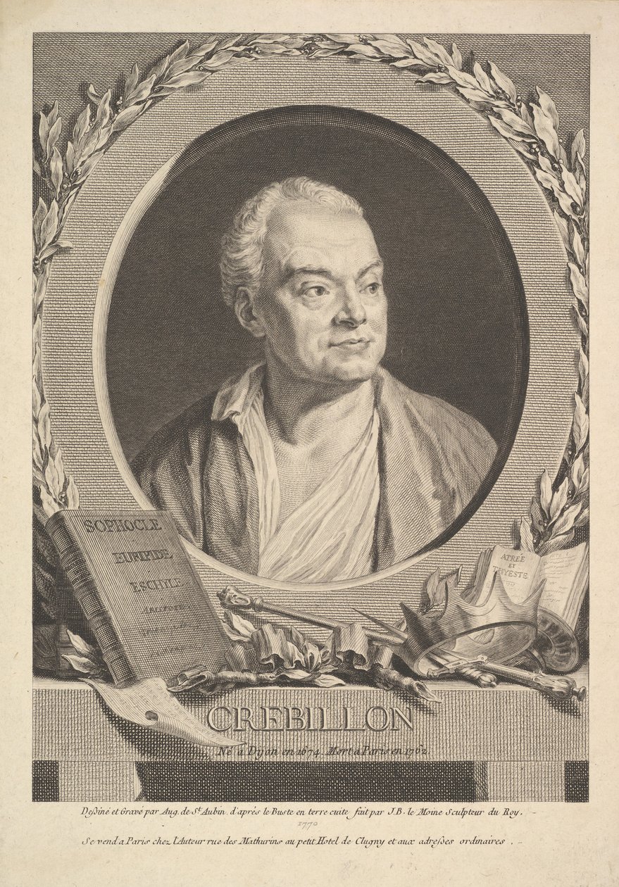 Portret van Crébillon door Augustin de Saint Aubin