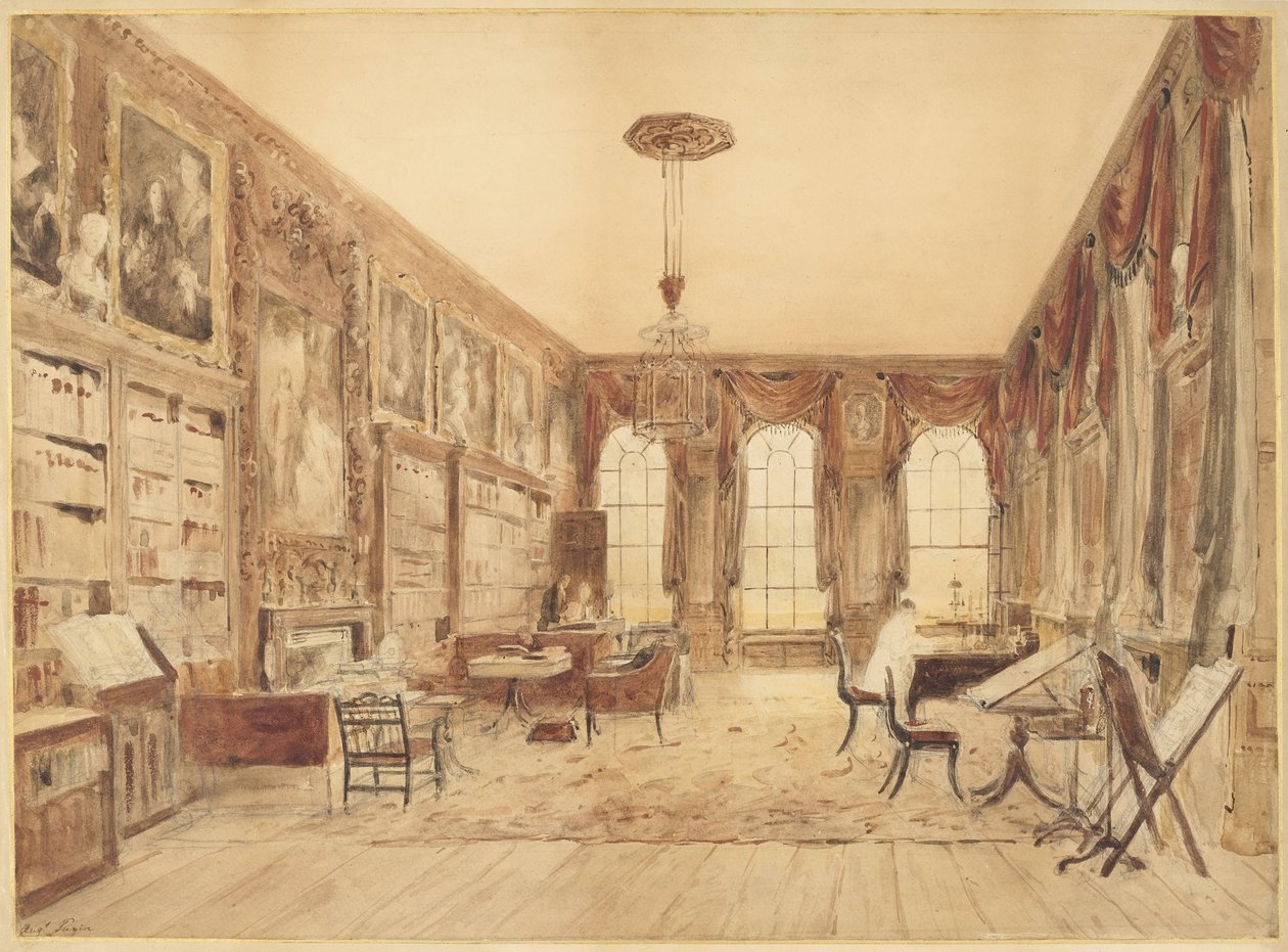 Het interieur van de bibliotheek in Cassiobury door Augustus Charles Pugin