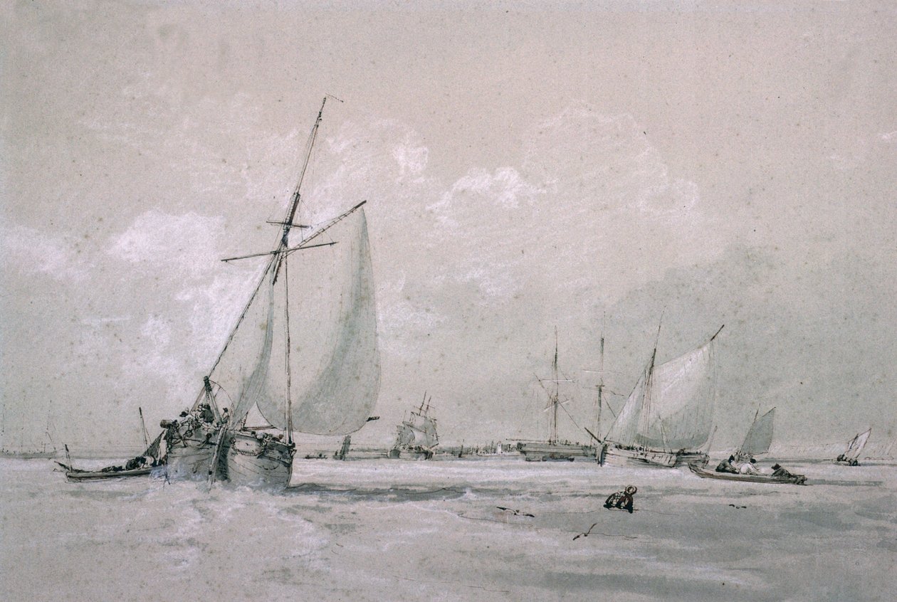 Vissersboot in rust (tekening) door Augustus Wall Callcott