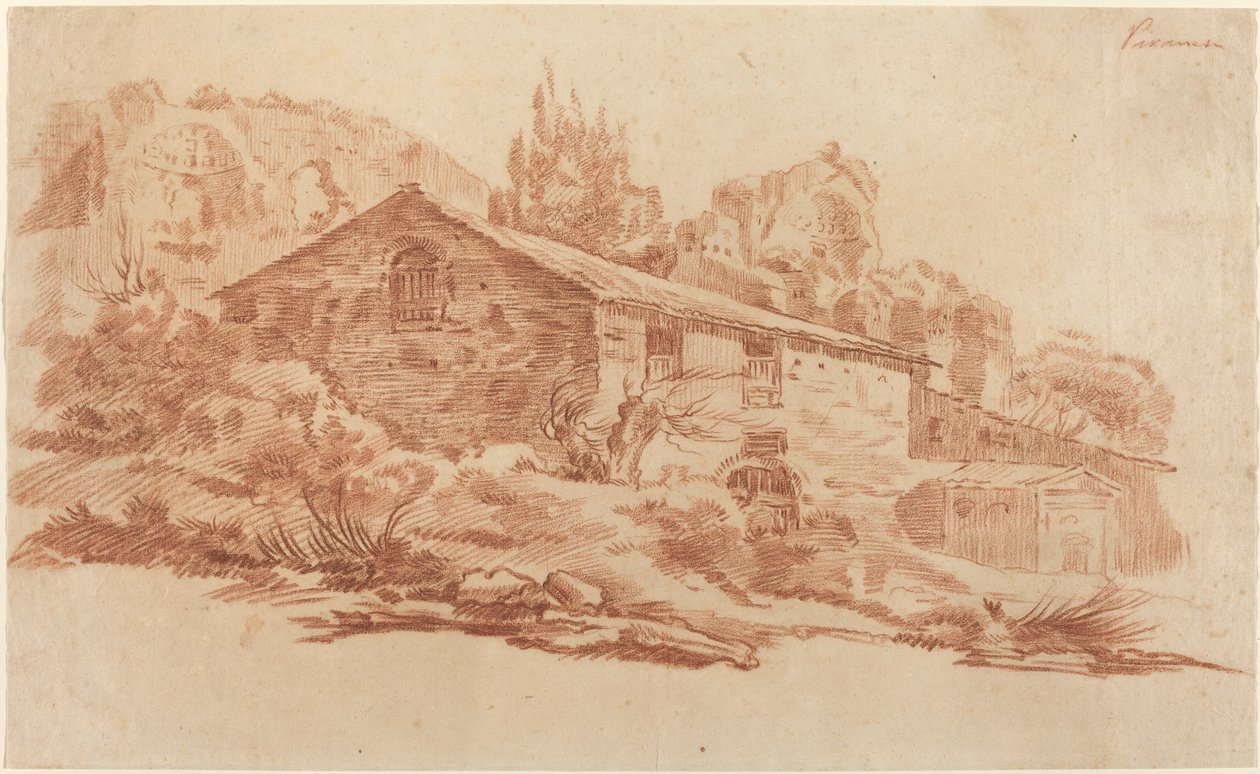 Rustiek gebouw tussen Romeinse ruïnes door Aureliano Milani