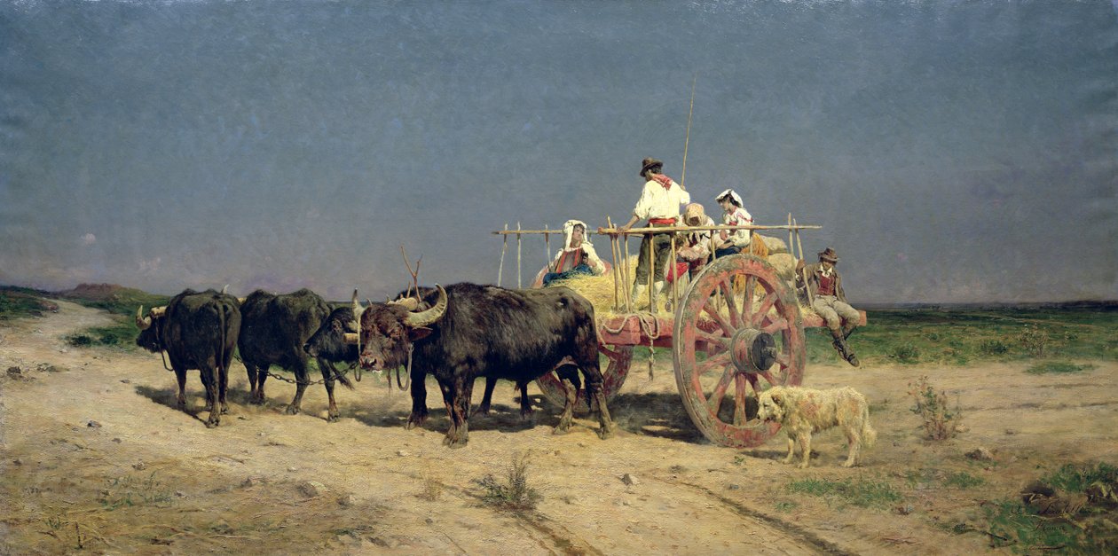 Wagen met buffels aan het strand door Aurelio Tiratelli