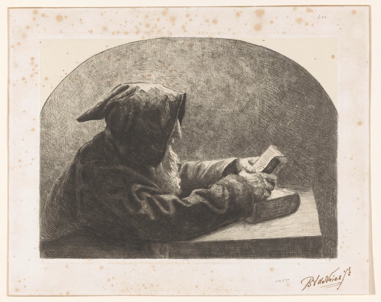 Lezende monnik door B.J. de Vries jr. (signed by artist)