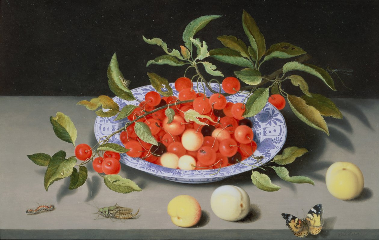 Stilleven van kersen en perziken door Balthasar van der Ast