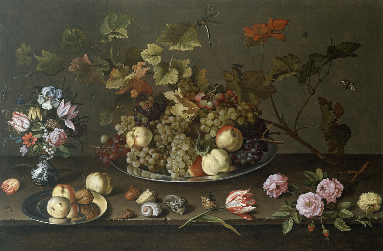 Stilleven van Fruit, Bloemen en Schelpen door Balthasar van der Ast