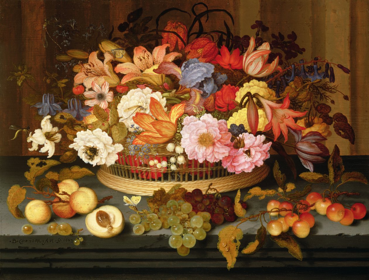 Stilleven van Fruit en een Mand met Bloemen, 1623 door Balthasar van der Ast