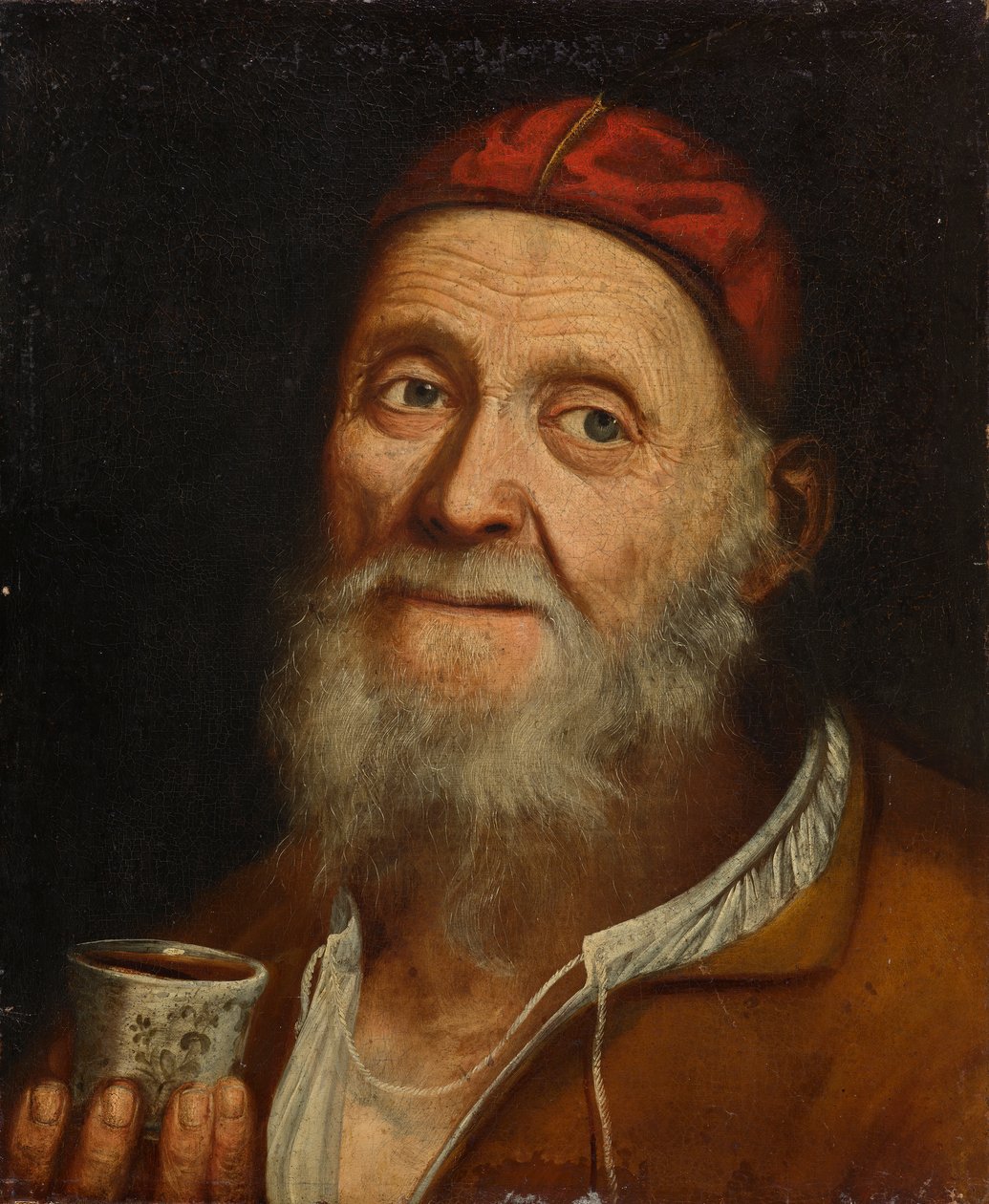 Oude man met koffiekopje door Balthasar Denner
