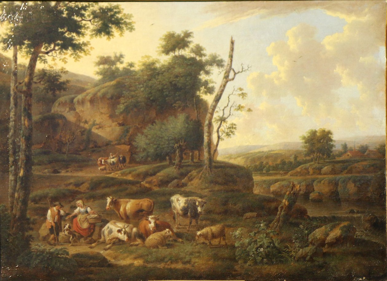 Landschap met figuren en dieren. door Balthasar Paul Ommeganck