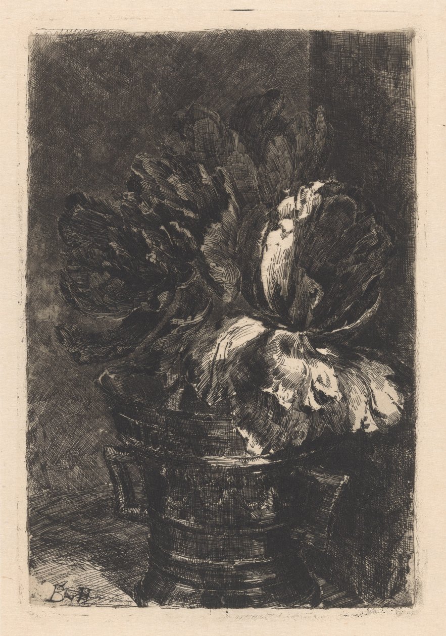 Tulpen in koperen vijzel door Barbara Elisabeth van Houten