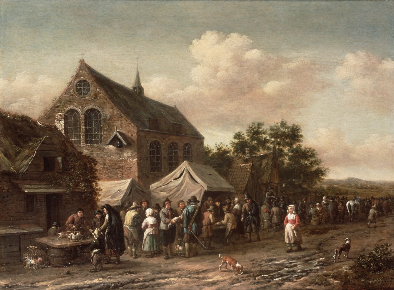 Pluimveemarkt bij een kerk door Barend Gael or Gaal