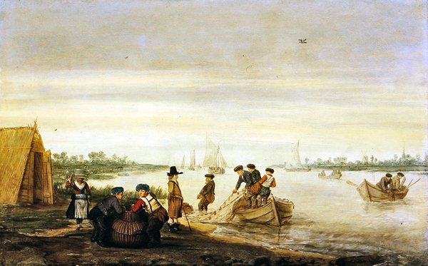 Rivierscène met vissers die netten ophalen door Barent Avercamp