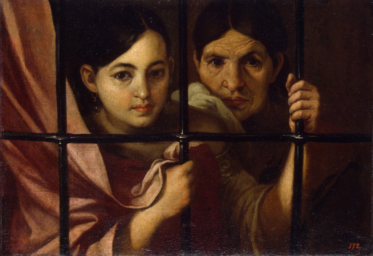 Twee vrouwen achter een rooster, 1645 door Bartolomé Esteban Murillo