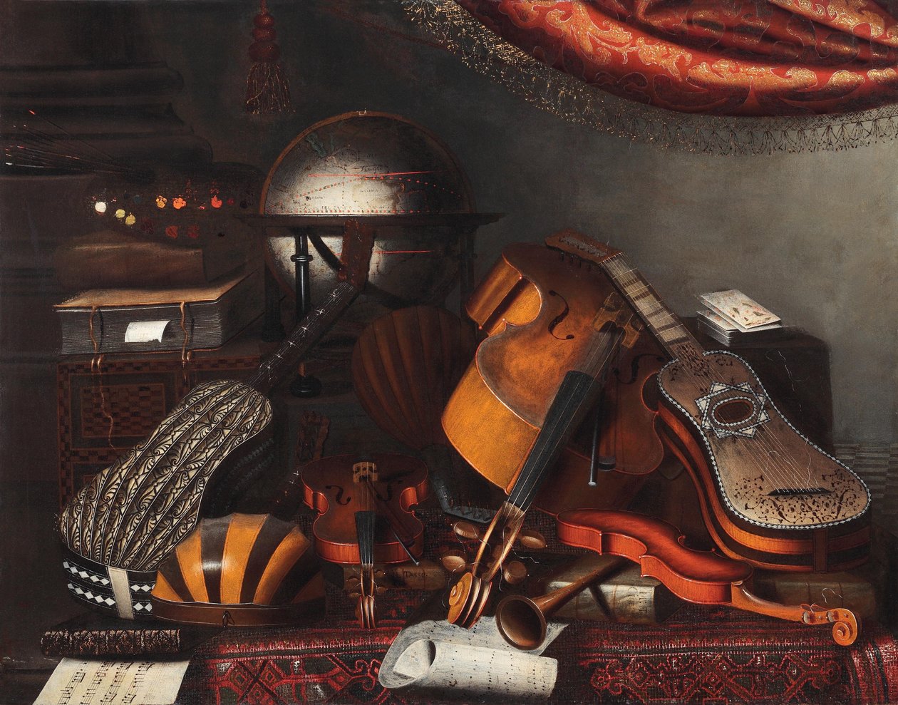 Muziekinstrumenten, een globe, boeken, speelkaarten en een schilderspalet door Bartolomeo Bettera
