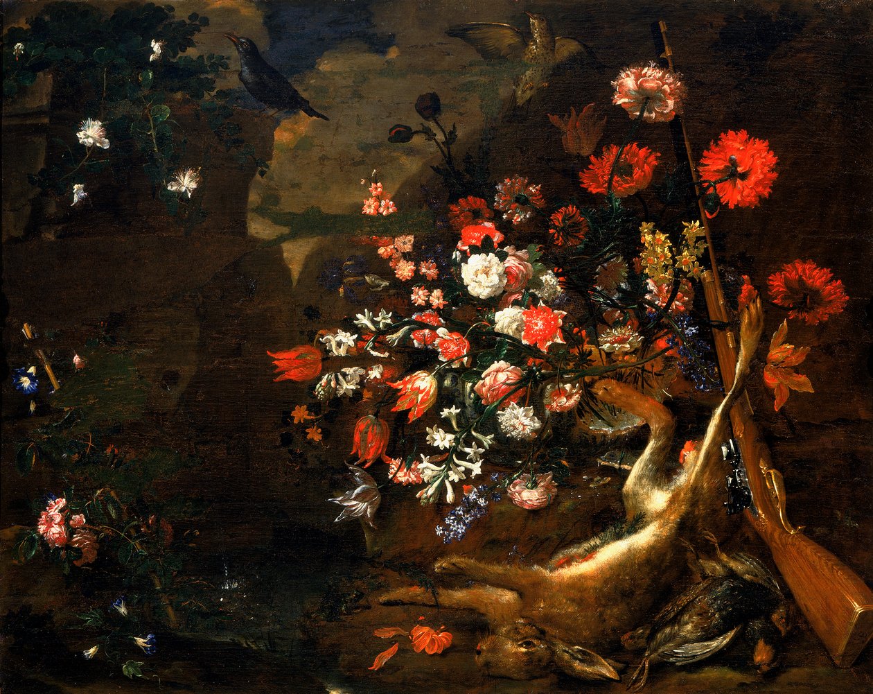Stilleven met bloemen en wild door Bartolomeo Bimbi