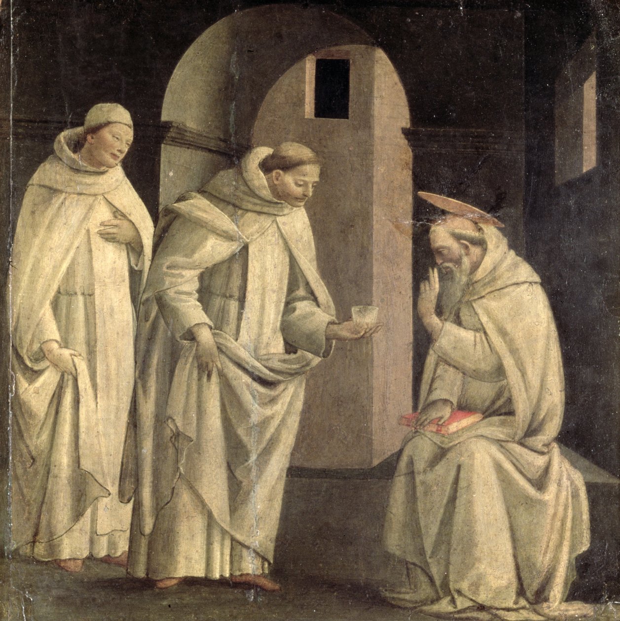 Scènes uit het leven van St. Benedictus: St. Benedictus zegent de gifbeker die breekt, predellapaneel, ca.1488 door Bartolomeo di Giovanni