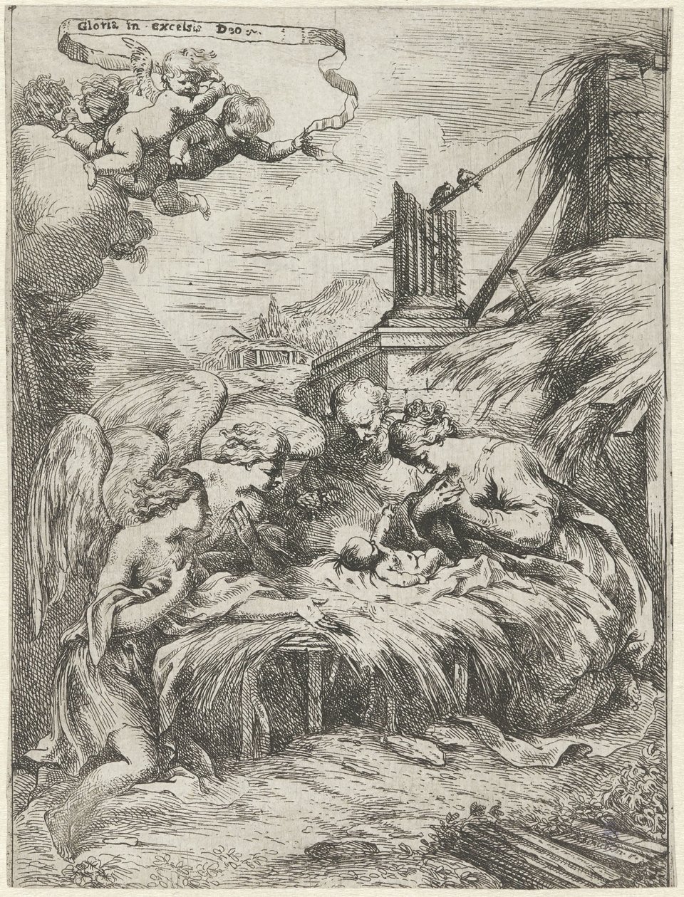 Aanbidding door Maria, Jozef en engelen door Bartolomeo Biscaino