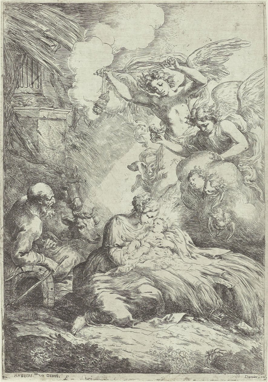 Geboorte van Christus met engelen door Bartolomeo Biscaino