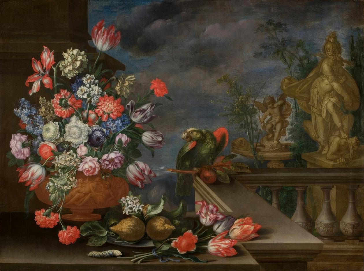 Stilleven met bloemenvaas, citrusvruchten, papegaai en fonteinbeeld door Bartolomeo Ligozzi