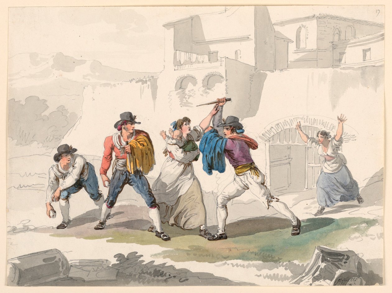 Tekening, Een huiselijk geschil in Tivoli, 1807-08 door Bartolomeo Pinelli
