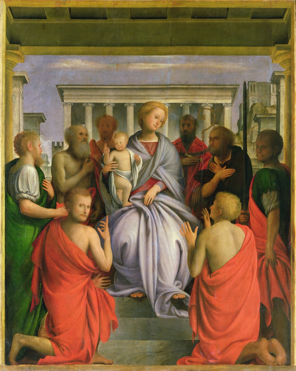 Madonna en Kind met Acht Heiligen, 1520s door Bartolommeo Suardi Bramantino