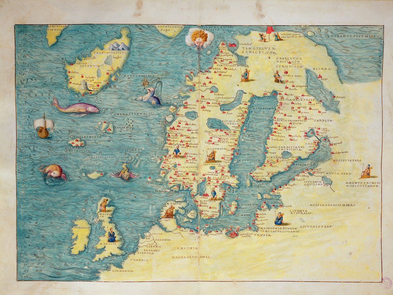 Noord-Europa, uit een atlas van de wereld in 33 kaarten, Venetië, 1 september 1553 (inkt op perkament) door Battista Agnese