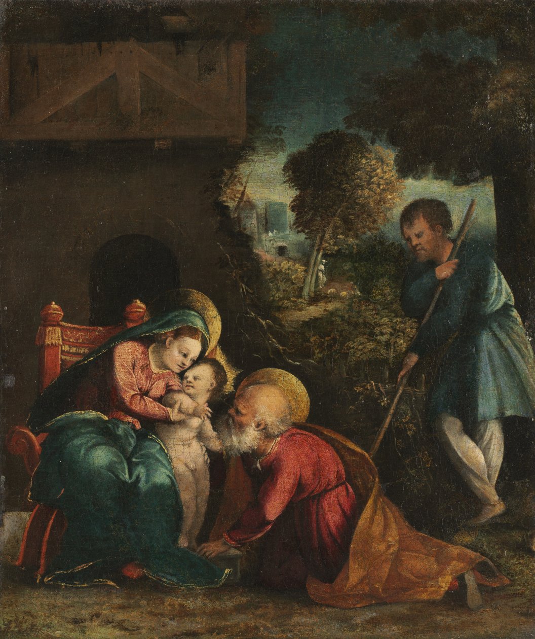 Heilige Familie met een herder, vroege 1520s door Battista Dossi