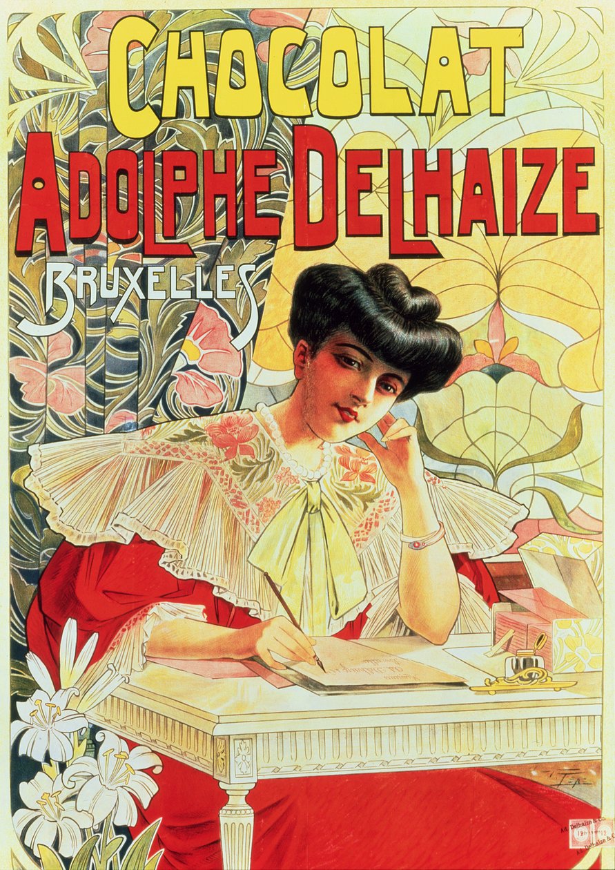 Poster die Adolphe Delhaize Chocolade adverteert, ca. 1900 door Belgian School