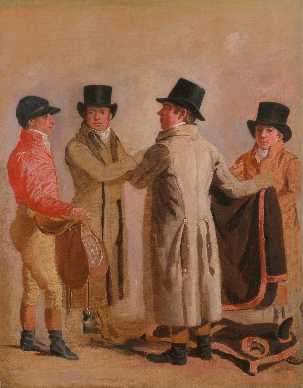 De Jockey Frank Buckle, de Eigenaar-Fokker John Wastell, zijn Trainer Robert Robson, en een Staljongen door Benjamin Marshall