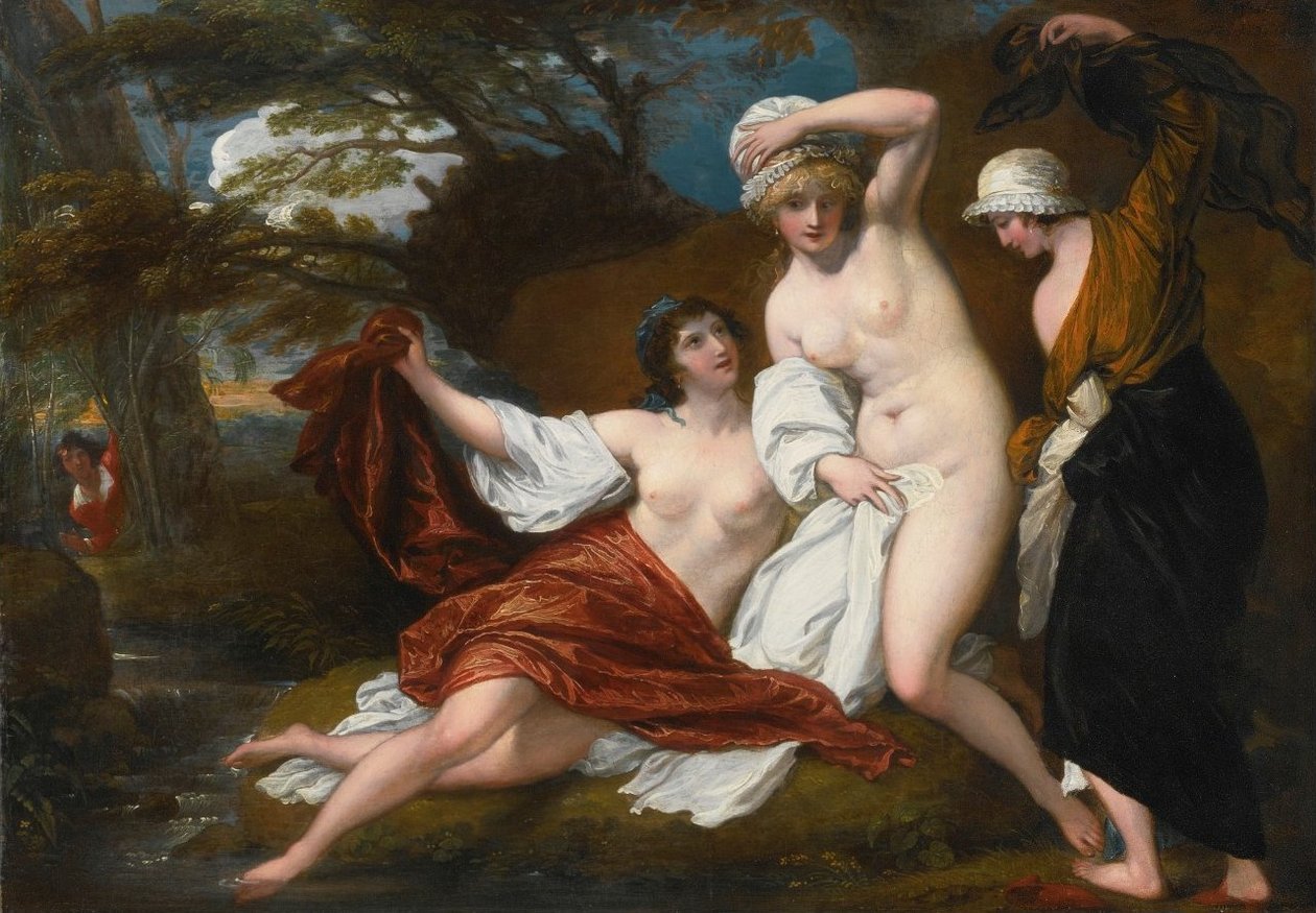 Musidora en Haar Twee Metgezellen, Sacharissa en Amoret, bij Hun Bad Bespied door Damon door Benjamin West