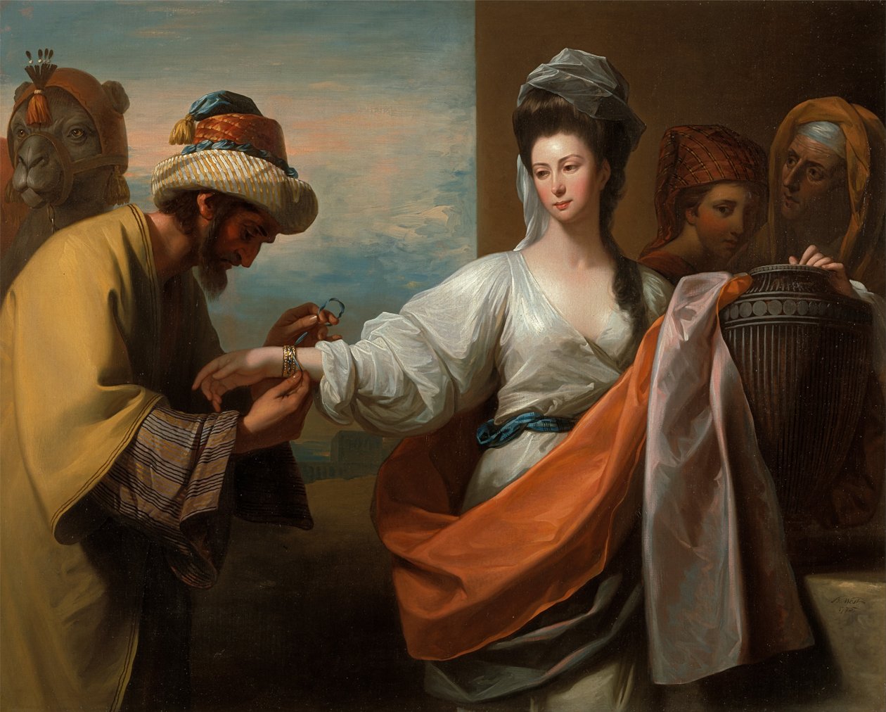 Isaacs Dienaar die de Armband aan Rebeccas Arm Bindt door Benjamin West