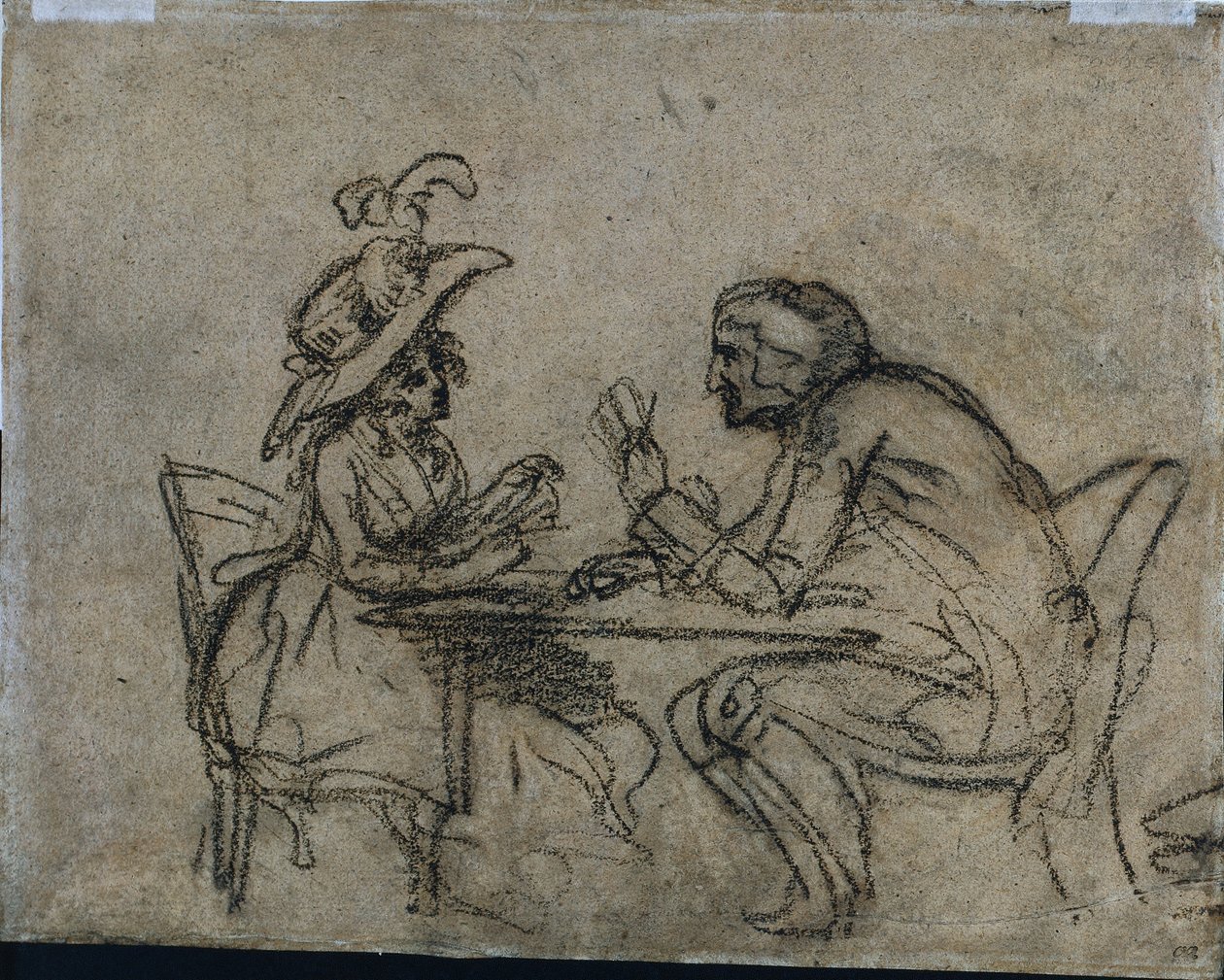 Vrouw en man die kaarten spelen (verso) door Benjamin West