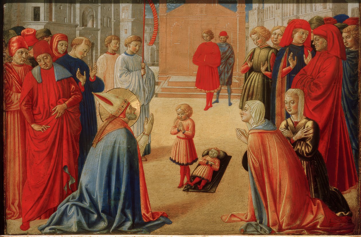 De heilige Zenobius wekt een dode jongen op door Benozzo Gozzoli