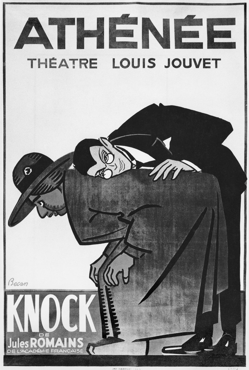 Poster die een voorstelling van Knock of de Triomf van de geneeskunde door Jules Romains (1885-1972) in het Theatre Athenee aankondigt door Bernard Becan