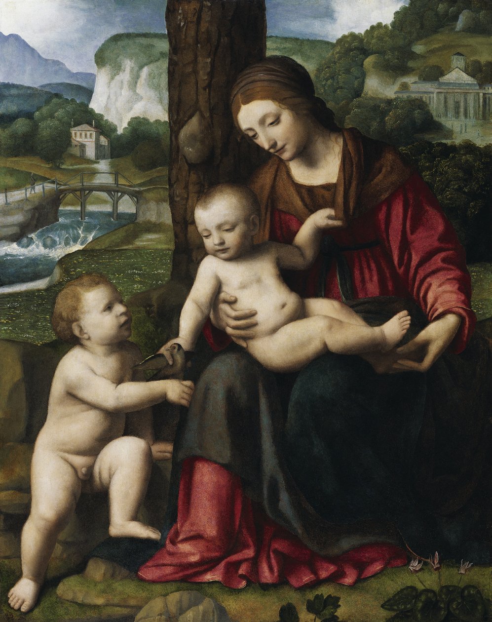 Madonna met Kind en Sint Johannes door Bernardino Luini