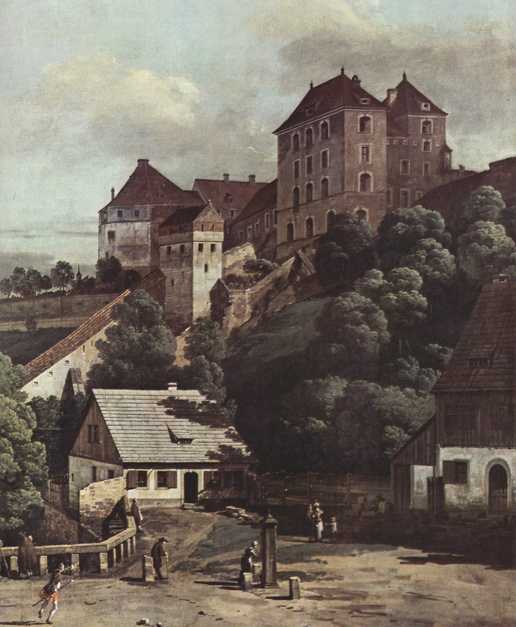 Gezicht op Pirna, Pirna gezien vanuit het zuiden, met vestingwerken en Obertor (stadspoort) en vesting Sonnenstein door Bernardo Bellotto