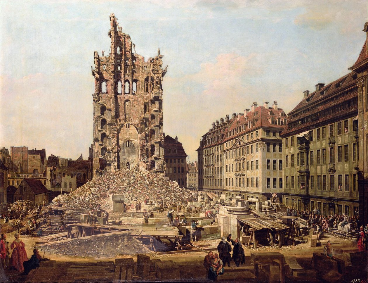 De ruïnes van de oude Kreuzkirche, Dresden door Bernardo Bellotto
