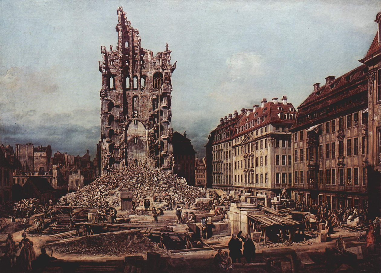 De ruïnes van de oude Kreuzkirche, Dresden door Bernardo Bellotto