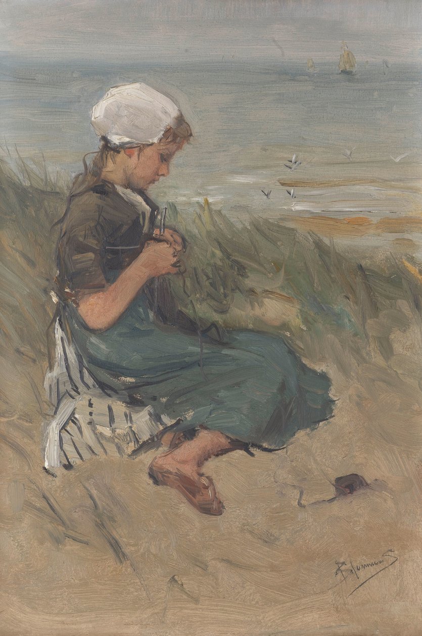 Meisje dat breit in de duinen door Bernardus Johannes Blommers