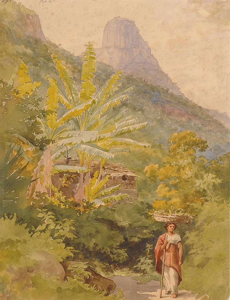 Een Braziliaanse vrouw met een mand fruit op haar hoofd, met Sugar Loaf op de achtergrond door Bernhard Wiegandt