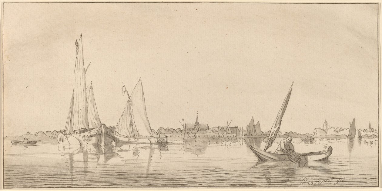 Rivier met stad door Bernhard Schreuder