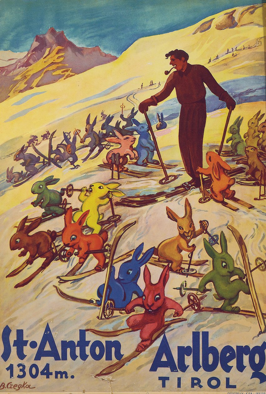 St. Anton, Arlberg, ca. 1930 (kleurenlitho) door Bertha Czegka