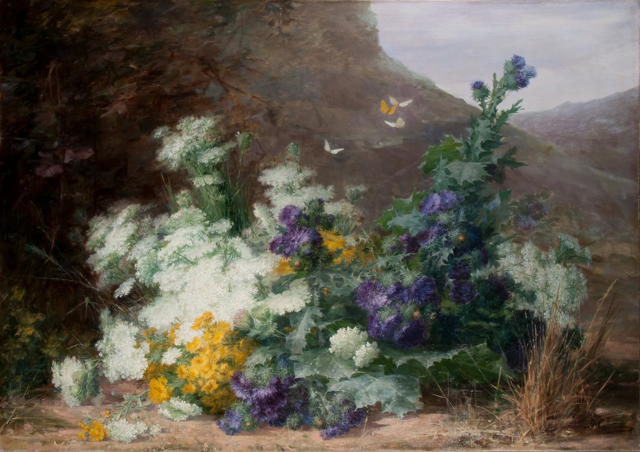 Wilde bloemen in een landschap, c.1890 door Berthe Costadau
