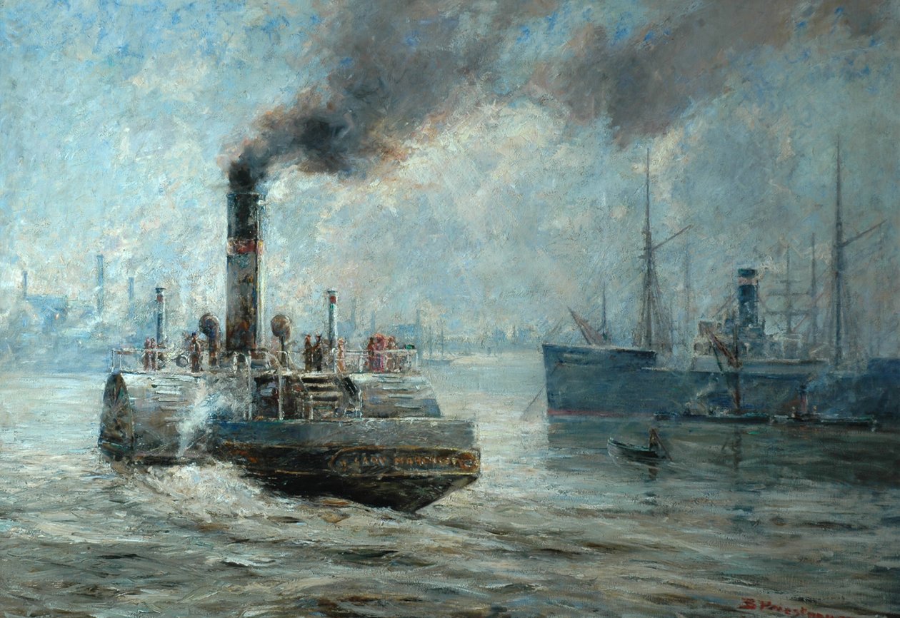 Een mistige dag op de Rochester rivier door Bertram Priestman
